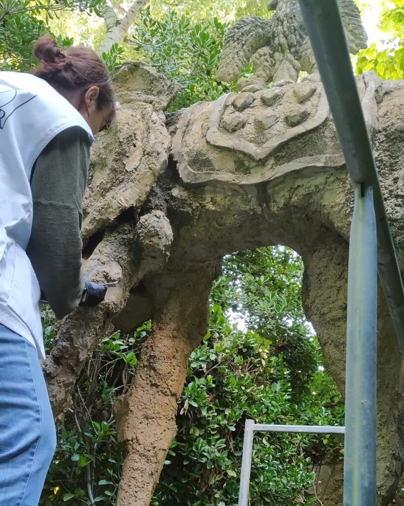 La restauradora aplica els morters de reintegració.