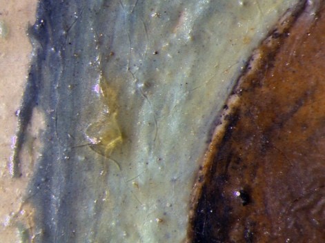 Començament automàtic d'un retrat de Gala, (Observem els grumolls de vernís sobre les capes pictòriques, macrofotografia), C.1933 © Salvador Dalí, Fundació Gala-Salvador Dalí, Figueres, 2025