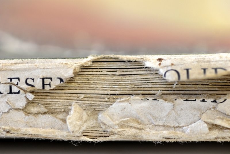 Llom estripat d’una revista abans de la seva restauració.