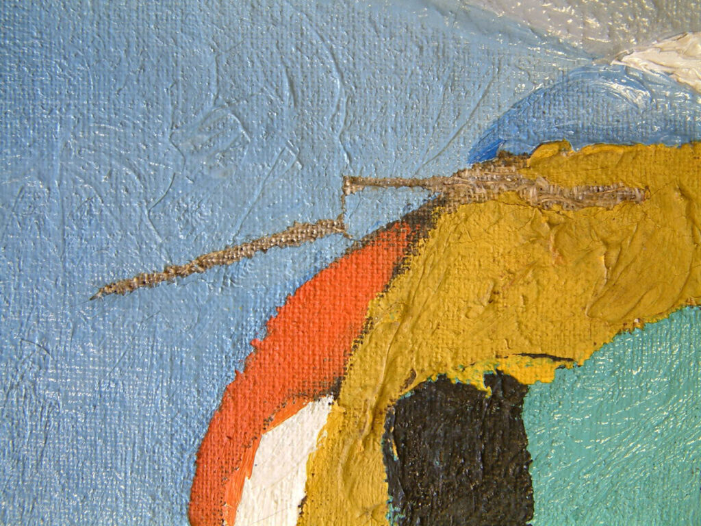 Taula davant el mar Homenatge a Eric Satie (Alteració de la pintura causada per un estrip de la tela, abans de restaurar), 1926 © Salvador Dalí, Fundació Gala-Salvador Dalí, Figueres, 2025